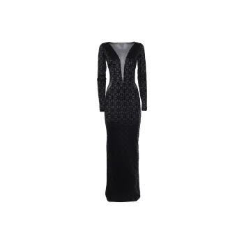 Elisabetta Franchi Flocked Boat Neck Red Carpet Tulle Dress