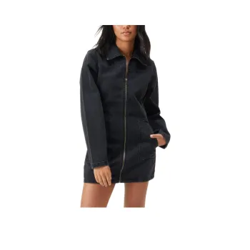 NASTY GAL Long Sleeve Zip Through Denim Dress Long-Sleeved Dresses Women's Washed Black