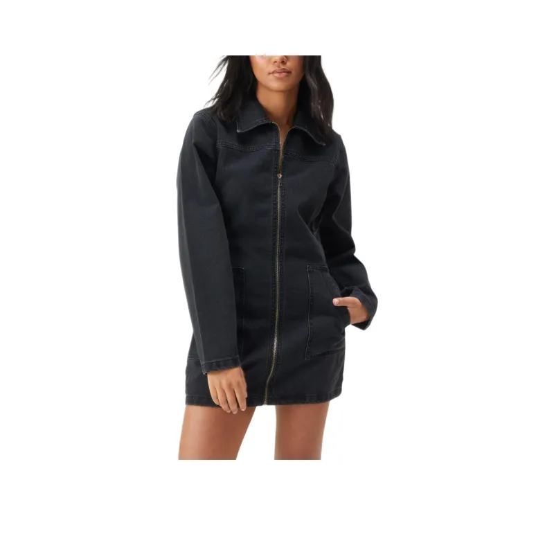 NASTY GAL Long Sleeve Zip Through Denim Dress Long-Sleeved Dresses Women's Washed Black-0