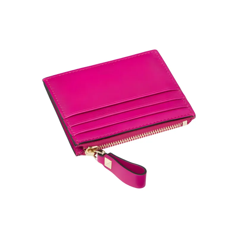 Valentino ROCKSTUD Smooth Calf Leather Coin Purses Card Holders Women's Fuchsia-1
