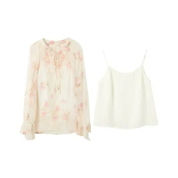 3COLOUR Shirt Matching Set Women's Set Ecru Floral Shirt+Camisole