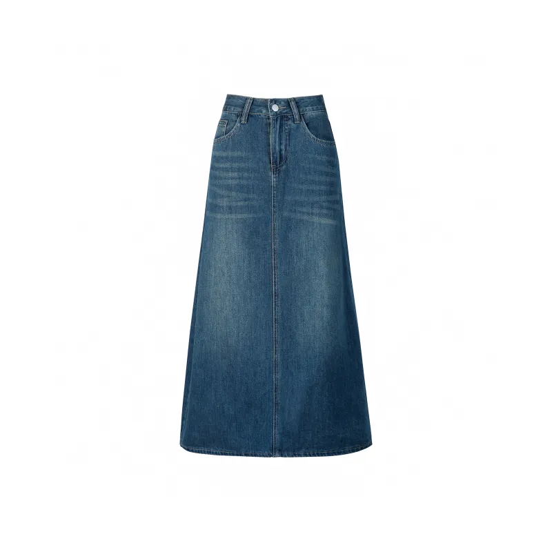 Wen Shan Denim Long Skirt Women's Vintage Blue-0