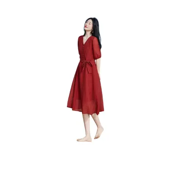 【dme】 Short Sleeved Dress Women's Brick Red