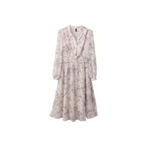 VIMLY Long Sleeved Dresses Women's Apricot With Purple Floral Print