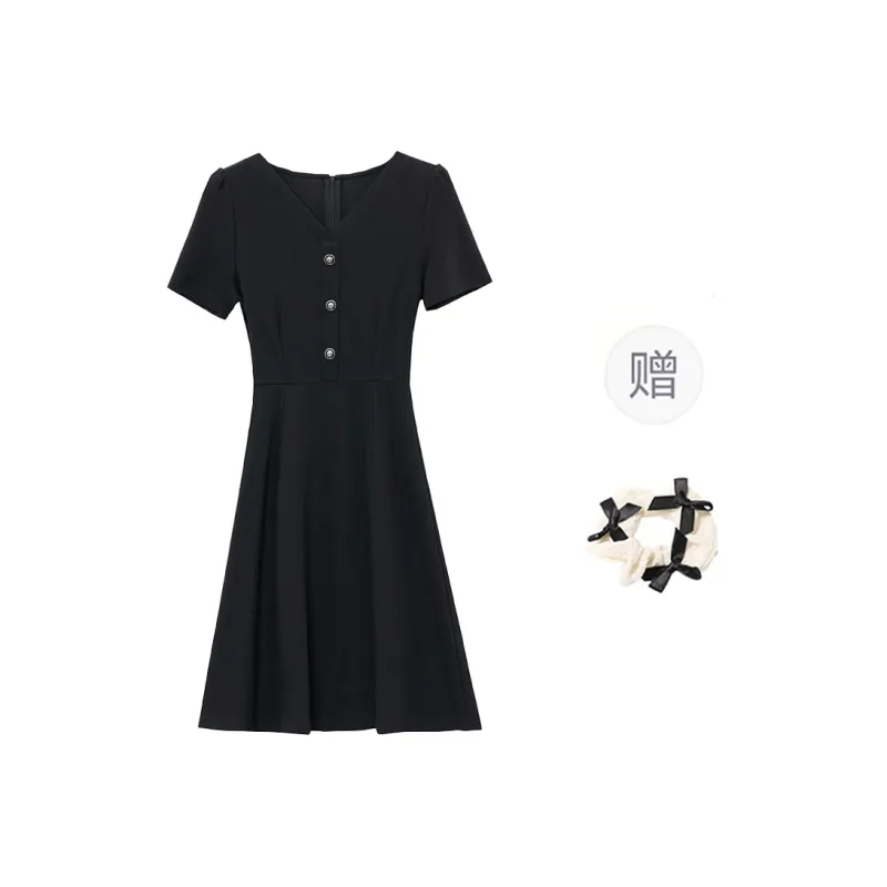 TORIGHT Short Sleeved Dress Women's Black+Bowknot Hair Tie Comes With-0