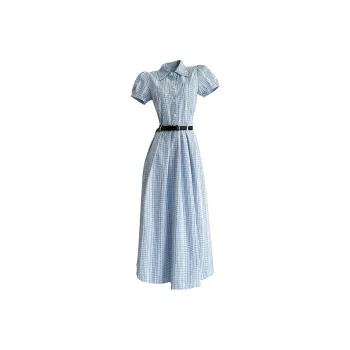 Vine Color Short Sleeved Dress Women's Light Blue Plaid