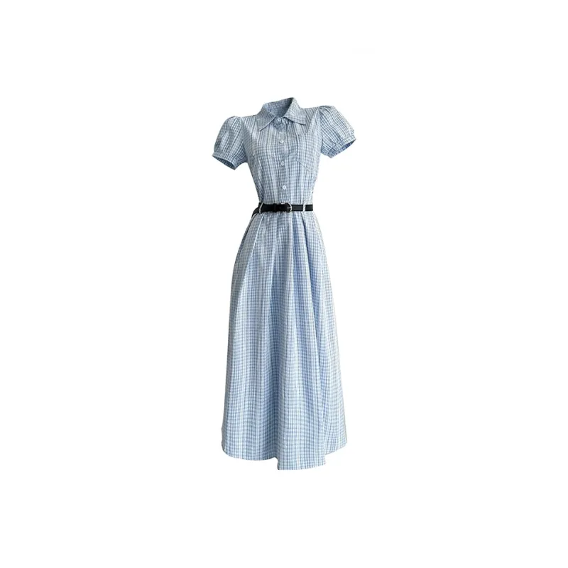 Vine Color Short Sleeved Dress Women's Light Blue Plaid-0