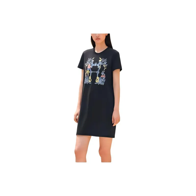 HERMES Short Sleeved Dresses Women's Black-0