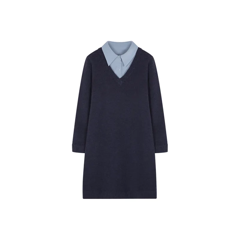 Mo Han Yi Mei Long Sleeved Dress Women's Navy Blue-0