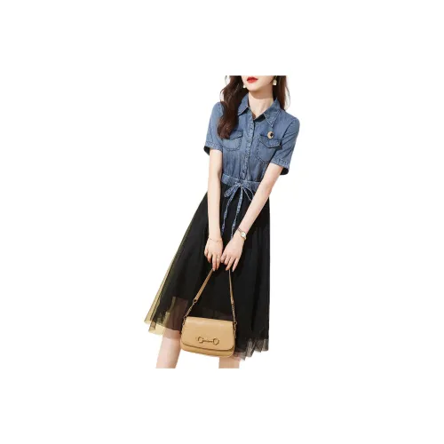 Mo Han Yi Mei Short Sleeved Dress Women's Blue Top And Black Bottom