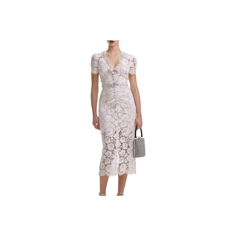 Self portrait Short Sleeved Dress Women's Ivory White-0