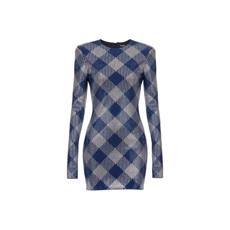 BALMAIN Gingham Rhinestone Mini Dress-0