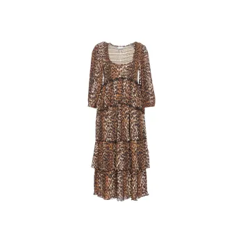 GANNI Leopard Printed Pleated U Neck Midi Dress