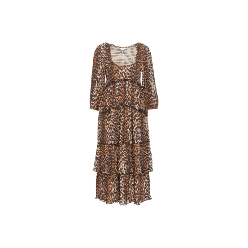 GANNI Leopard Printed Pleated U-Neck Midi Dress-0