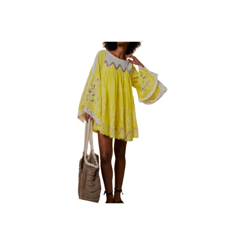 FREE PEOPLE x House Of Aama Marimba Mini Dress Long-Sleeved Dresses Women's Sunflower Combo/Sunflower Combo-0