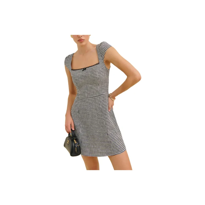 REFORMATION Loula Linen Dress Short Sleeved Dress Women's Black White-0
