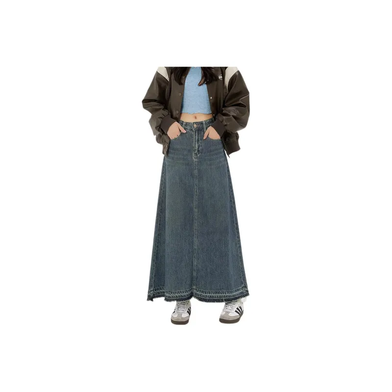 Weixi Denim Long Skirts Women's Vintage Blue-0
