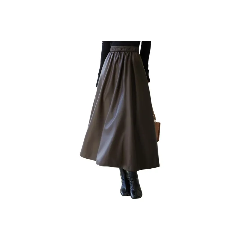 VICTORIA&VERA Leather Long Skirts Women's Coffee-8