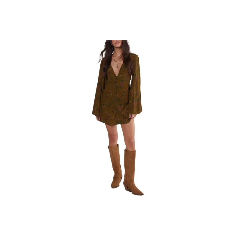 NASTY GAL Floral Print Extreme Sleeve Button Down Mini Dress Long-Sleeved Dresses Women's Khaki-0