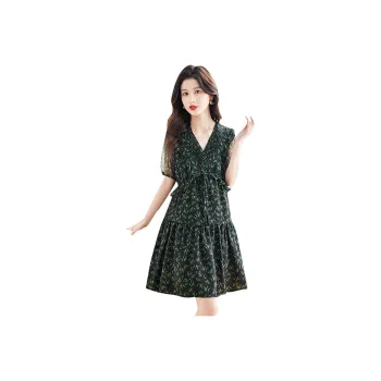 Cypress House Short Sleeved Dress Women's Deep Navy Blue Base With Green Floral