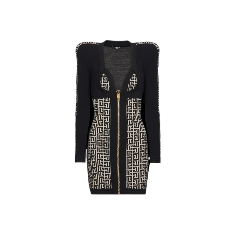 BALMAIN Monogrammed Bodycon Knitted Dress-0