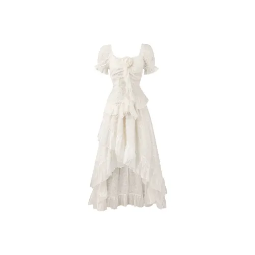 Yvetteclassic Short Sleeved Dress Women's Apricot With Chest Flower