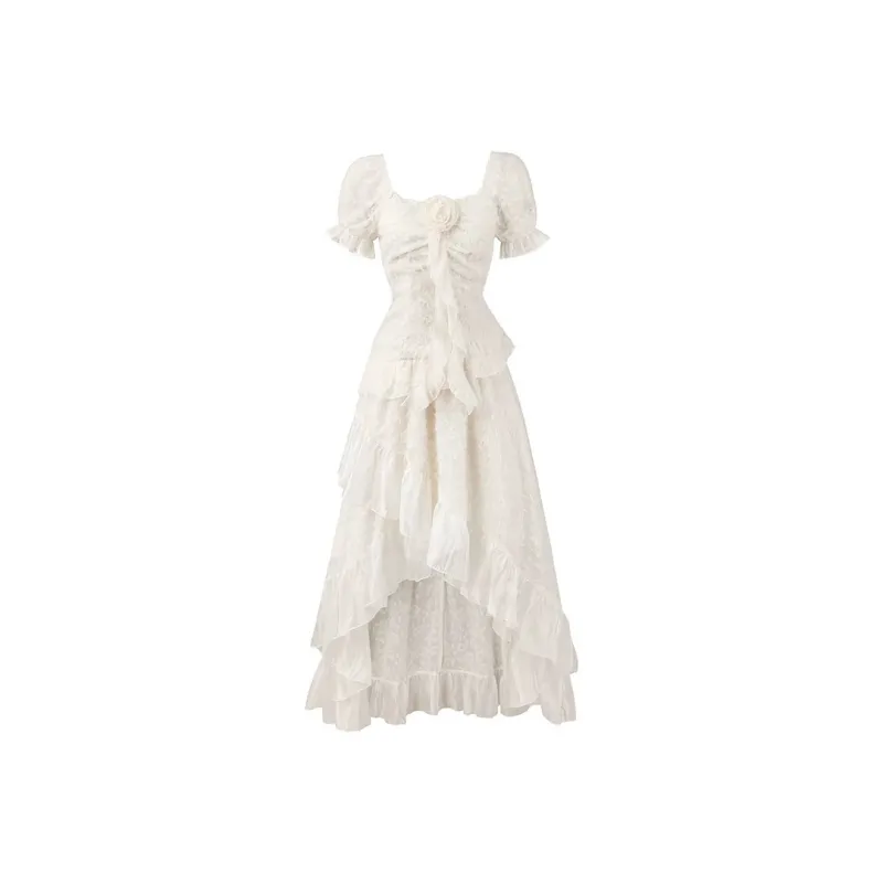 Yvetteclassic Short Sleeved Dress Women's Apricot With Chest Flower-0