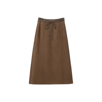 Fstudio Elegant High Rise Solid Color A Line Leather Long Skirt Women's