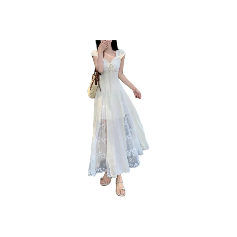TORIGHT Short Sleeved Dress Women's Apricot+Bowknot Hair Tie Comes With-0