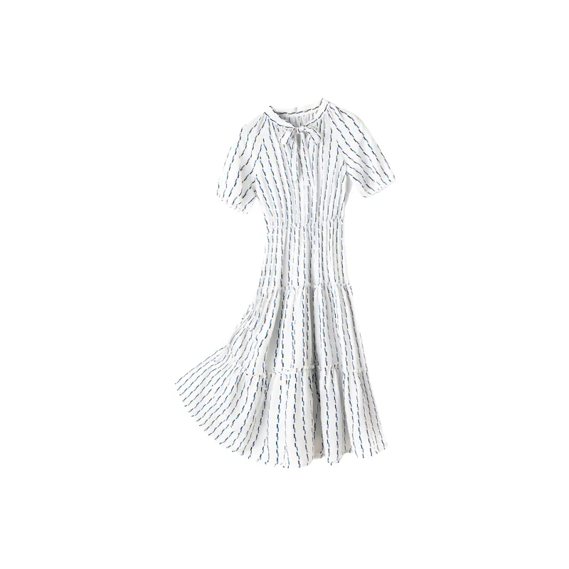 H YXIANG Short Sleeved Dresses Women's White Base Blue Black Short Stripes-0