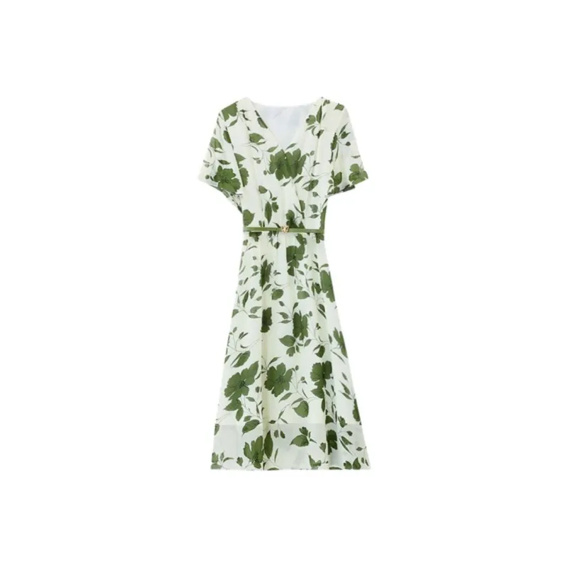 PLANE DRIFT Short Sleeved Dresses Women's White With Green Floral-0
