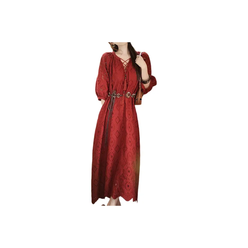 Wbwq Long Sleeved Dress Women's Maroon-0