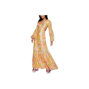NASTY GAL Metallic Blurred Floral Open Back Maxi Dress Long-Sleeved Dresses Women's Yellow