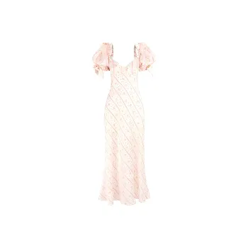 Selkie Collection SS25 Short Sleeved Dresses Women's White Base Small Rose Vertical Stripes Print