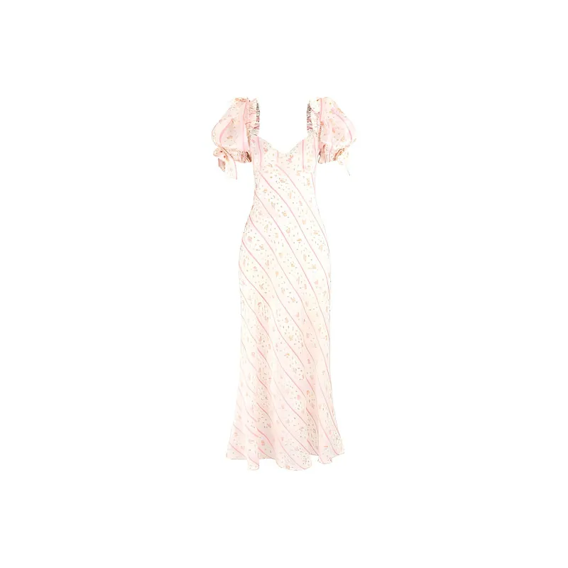 Selkie Collection SS25 Short Sleeved Dresses Women's White Base Small Rose Vertical Stripes Print-0