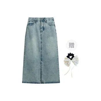PAVEA Denim Long Skirts Women's Blue+Hair Tie Comes With