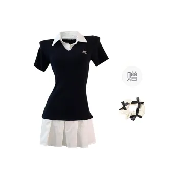 XUOIZA Short Sleeved Dress Women's Black White+Bowknot Hair Tie Comes With