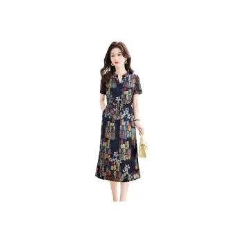 Cypress House Short Sleeved Dresses Women's Black/Purple Base With Colorful Plaid Pattern