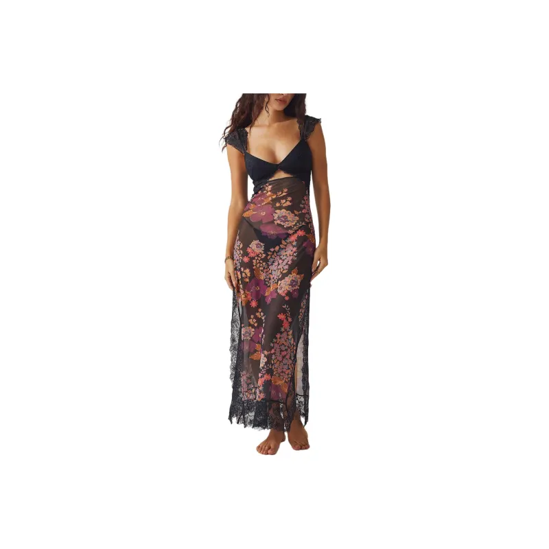 FREE PEOPLE Suddenly Fine Maxi Slip Short-Sleeved Dresses Women's Black Combo/Black Combo-0