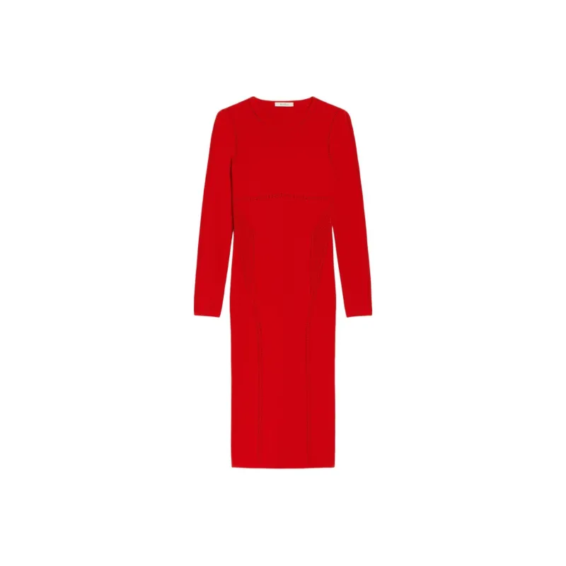 MaxMara Comica Collection Crepe Knit Midi Dress Long Sleeved Dress Women's Red-0