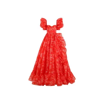 Selkie Collection SS25 Short Sleeved Dresses Women's Red Background With Rose Print