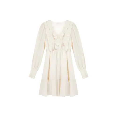SUNSUNTOWN Long Sleeved Dresses Women's Cream Apricot