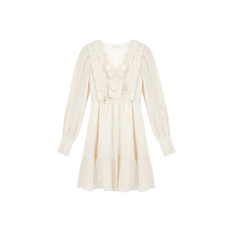 SUNSUNTOWN Long Sleeved Dresses Women's Cream Apricot-0