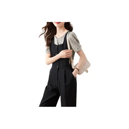 Mo Han Yi Mei Casual Suit Women's 2 Piece Set Black Stripes