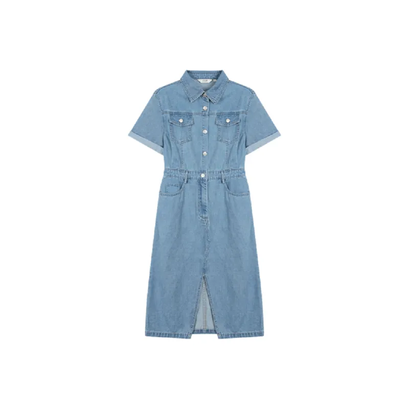 Mo Han Yi Mei Short Sleeved Dress Women's Denim Blue-0