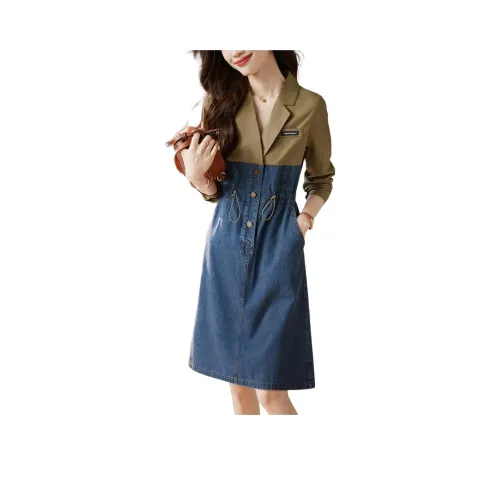 Mo Han Yi Mei Long Sleeved Dresses Women's Denim Blue & Yellow Green