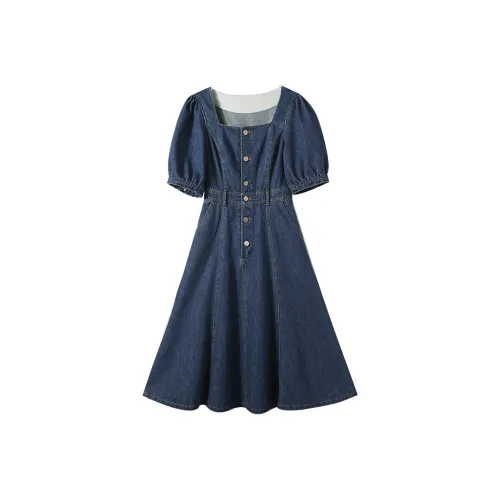 The Plums Are Cooked Denim Dress Short Sleeved Dress Women's Blue