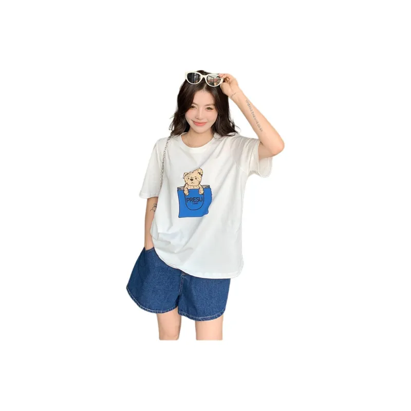 Mu Xiao Xin T Shirts Women's Pure White Blue Bear T Shirt-0