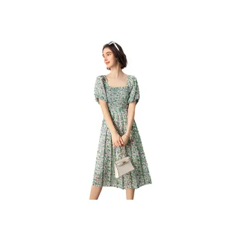 Famanxuan Short Sleeved Dress Women's Glass Green Tulip
