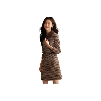 Mo Han Yi Mei Long Sleeved Dresses Women's Beige Check